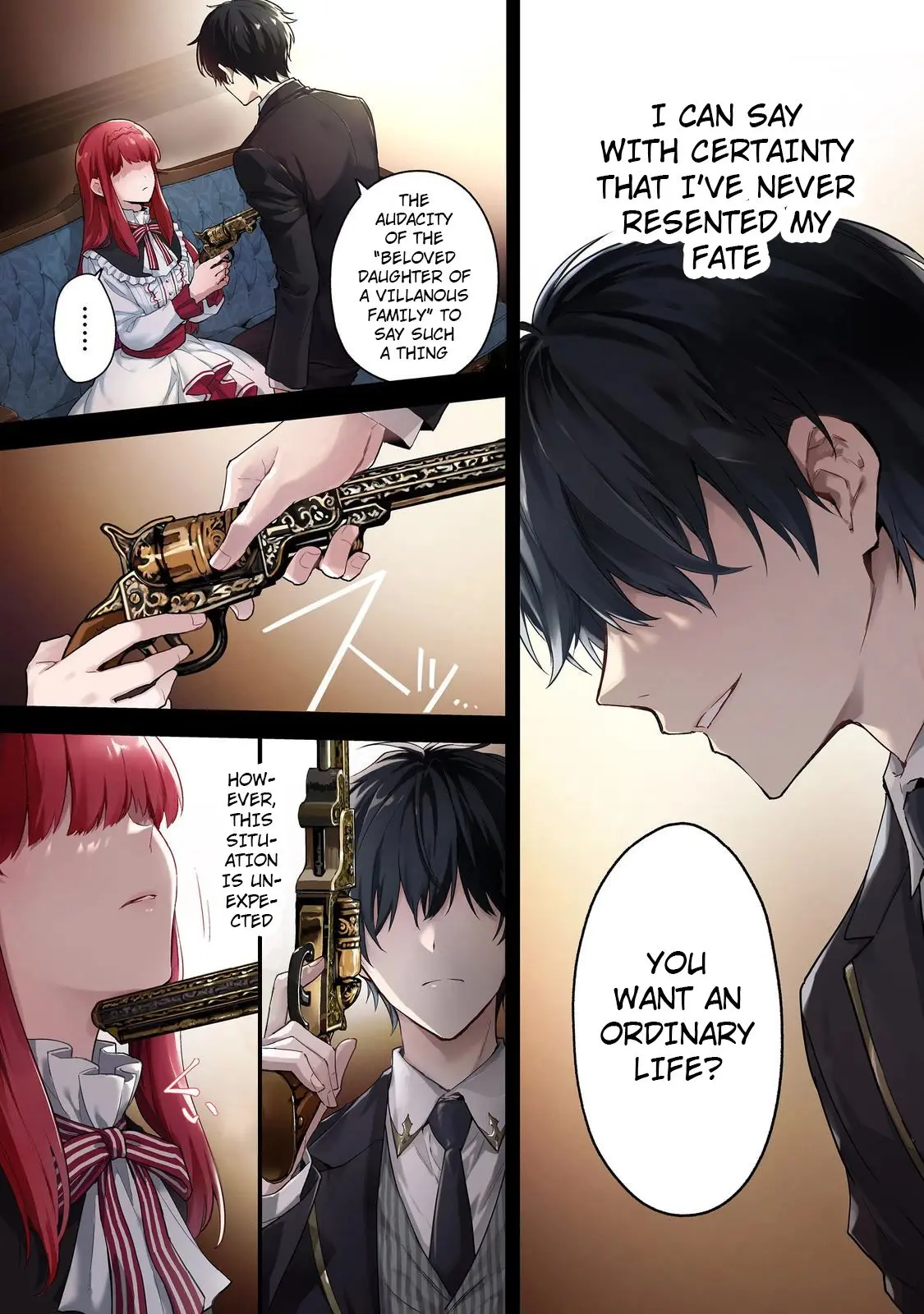 Akutou Ikka no Mana Musume, Tensei Saki mo Otome Game no Gokudou Reijou deshita.: Saijoukyuu Rank no Akuyaku-sama, Sono Dekiai wa Fuyou desu! @COMIC Chapter 1 page 1